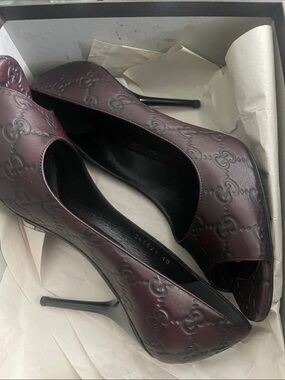 Gucci Embossed GG Peep-Toe Stiletto Heels